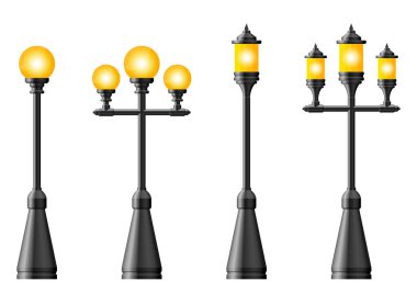 Siyah gerçekçi sokak lambası seti. Sokak lambası. Vintage lamba