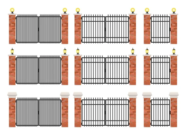 Tijolo Portão Aço Conjunto Isolado Fundo Branco —  Vetores de Stock