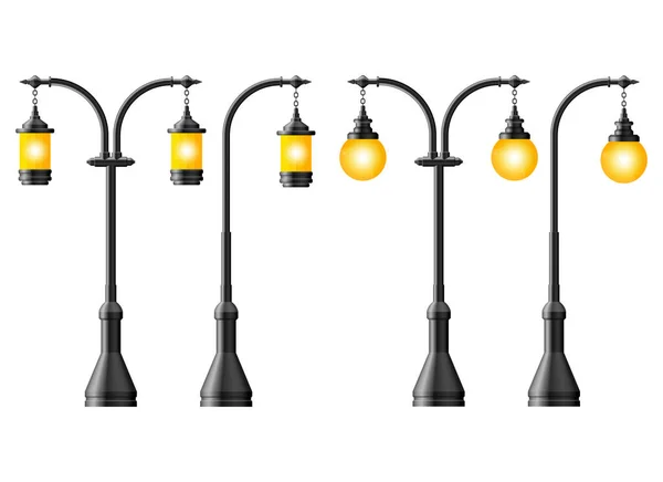 Set Von Schwarzen Realistischen Straßenlaternen Straßenlaterne Vintage Lampe — Stockvektor