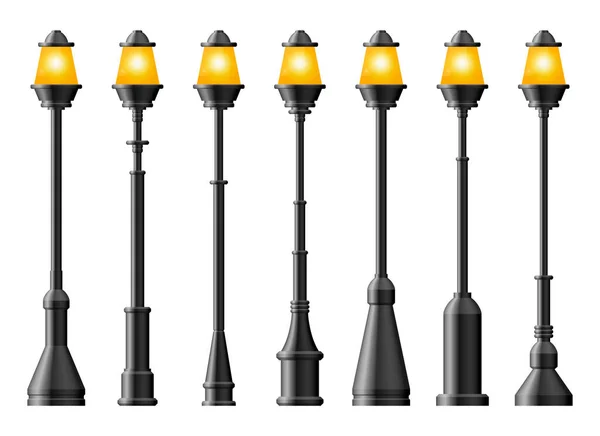 Set Von Schwarzen Realistischen Straßenlaternen Straßenlaterne Vintage Lampe — Stockvektor