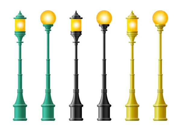 Ensemble Lampadaire Réaliste Réverbère Lampe Vintage — Image vectorielle