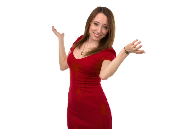 The woman in the red dress her arms to the side — Stock Photo, Image