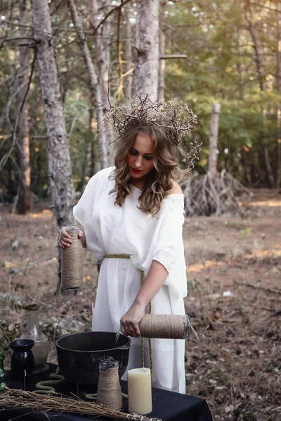 Schöne Geheimnisvolle Gotische Frau Langen Weißen Kleid Herbstlichen Wald Dunkles — Stockfoto