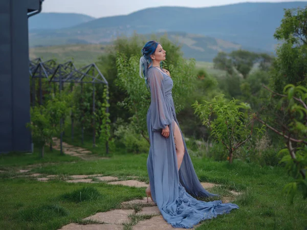 Modna Młoda Kobieta Niebieskimi Włosami Niebieskiej Sukience Winnicach Pani Naturze — Zdjęcie stockowe