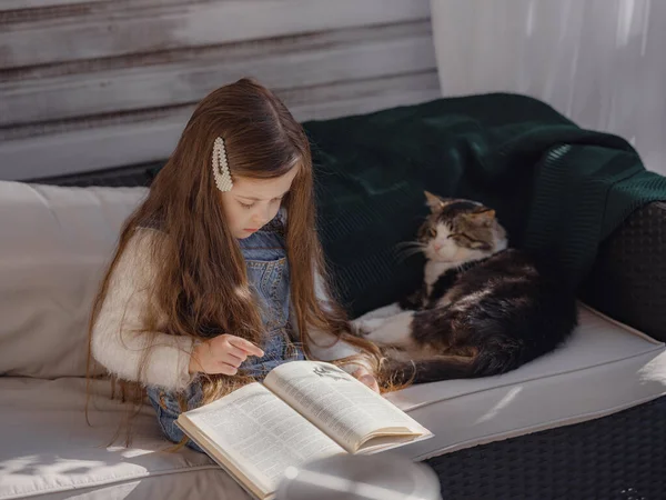 Autumn Sunny Weekend Cat Home Little Girl Reading Book Veranda — Stock Photo, Image