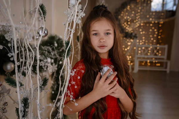 Buon Natale Buone Feste Allegro Carino Bambina Abito Rosso Con — Foto Stock