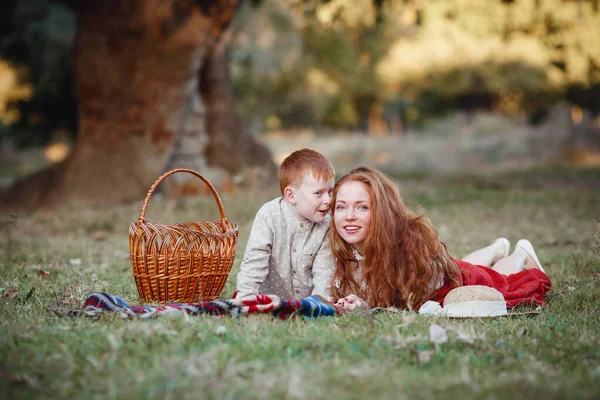 Happy Family Concept Autumn Park Series Happy Red Haired Elder — Stock Photo, Image