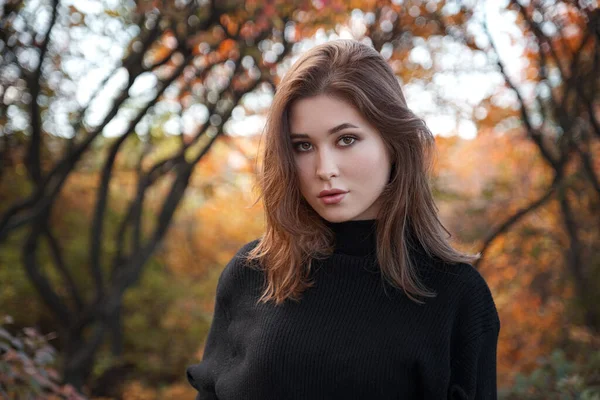 Piękna Młoda Kobieta Czarny Sweter Chodzenie Jesiennym Lesie Ciepła Słoneczna — Zdjęcie stockowe