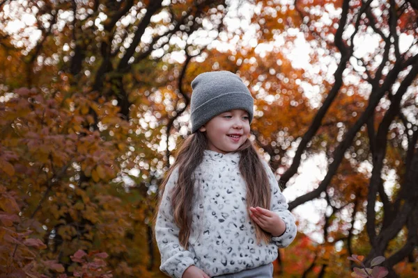 Menina Bonito Miúdo Anos Idade Usando Camisola Casaco Parque Olhar — Fotografia de Stock