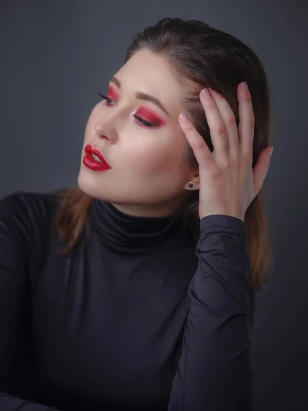 Seductive Asian Woman Red Lips Black Turtleneck Isolated Dark Grey — Stockfoto