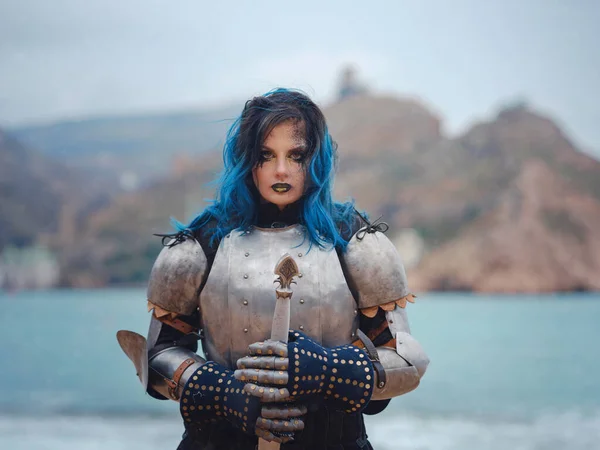 Medieval Knight Woman Armor Prays Blessing Battle Middle Ages History — 스톡 사진