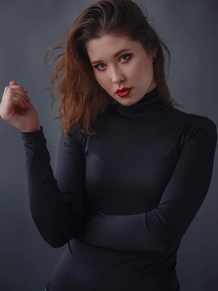 Seductive Asian Woman Red Lips Black Turtleneck Isolated Dark Grey — Photo