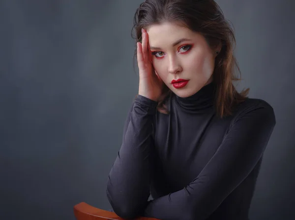 Seductive Asian Woman Red Lips Black Turtleneck Isolated Dark Grey — 스톡 사진