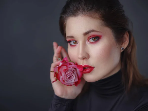 Seductive Asian Woman Red Lips Rose Black Turtleneck Isolated Dark —  Fotos de Stock