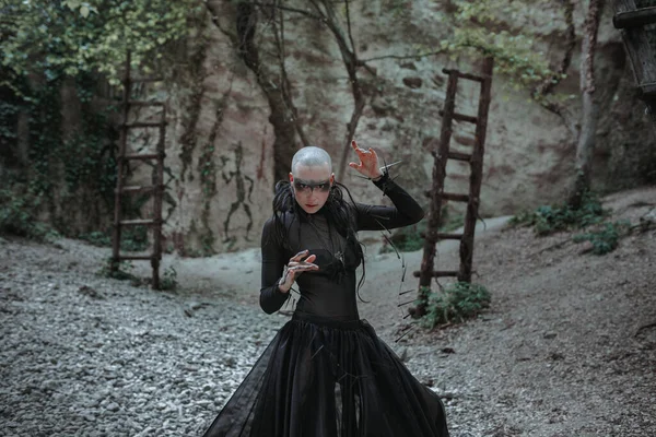 Mysterious Ghost Bald Woman Black Long Dress Gothic Pagan Lady — Stock Photo, Image