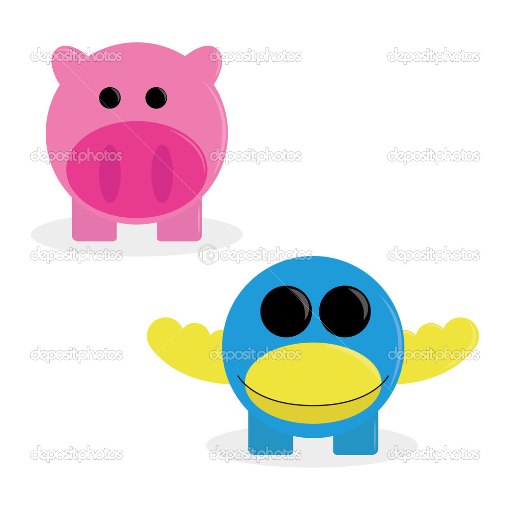 Cartoon Pig And Bird Isolated On White Background 