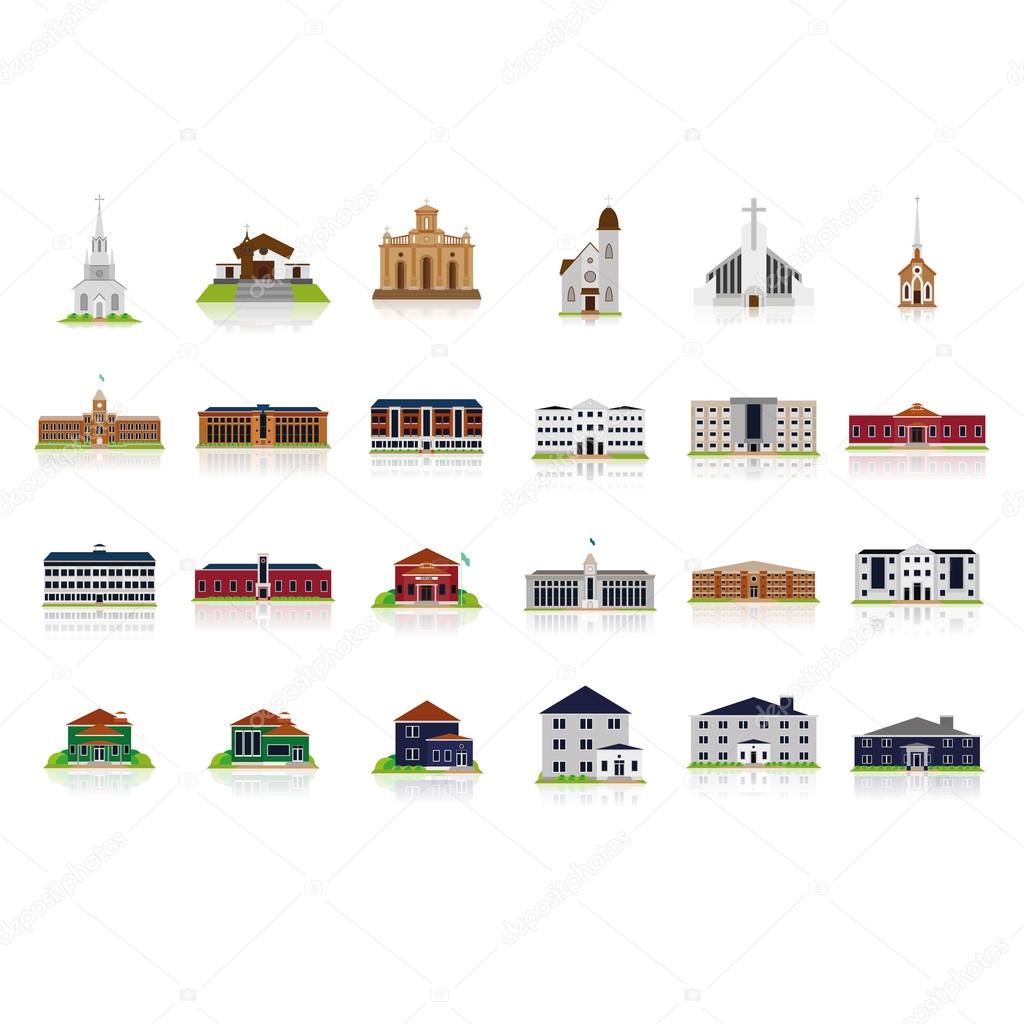 Set Of Different Buildings Isolated On White Background