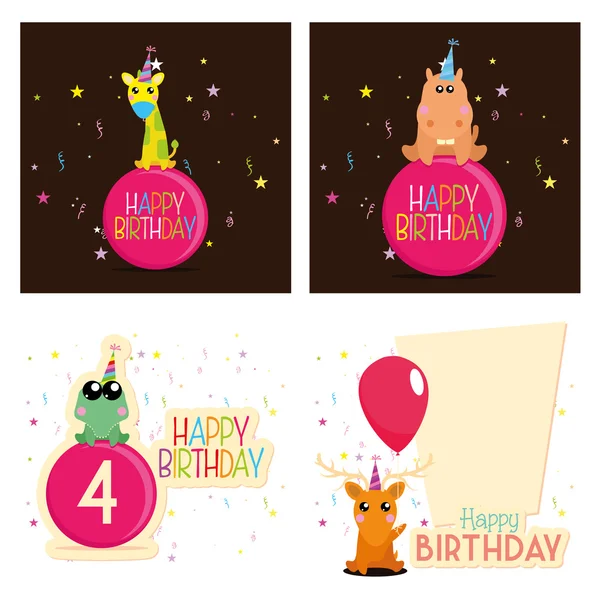 Σύνολο διαφορετικών χαριτωμένο χαρούμενα γενέθλια κάρτες — Διανυσματικό Αρχείο