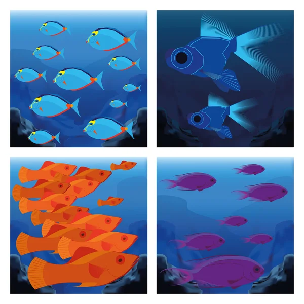 Set Of Different Scenes With Fishes - Stok Vektor