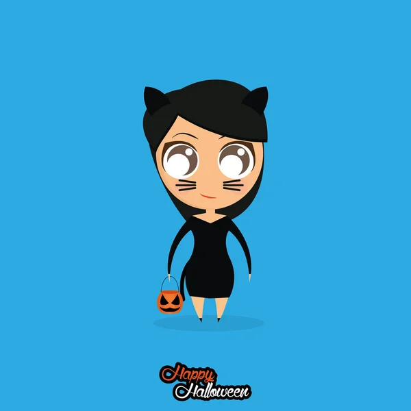 Ragazza con gatto costume di Halloween isolato — Vettoriale Stock