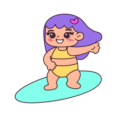 İzole kız sörfü plaj vektör çizimi
