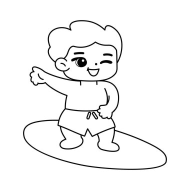 İzole çocuk plajda sörf yapıyor vektör çizimi yapıyor