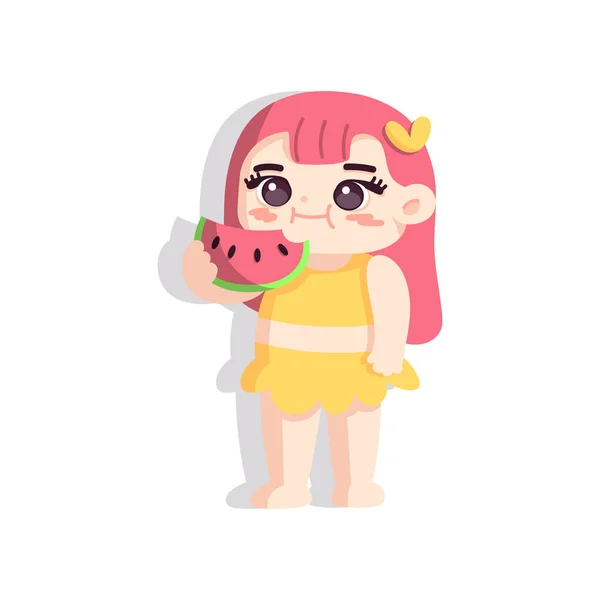 Geïsoleerd meisje watermeloen strand vector illustratie — Stockvector