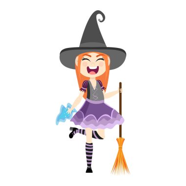 Cadı vektörü kostümüyle izole edilmiş bir çocuk.