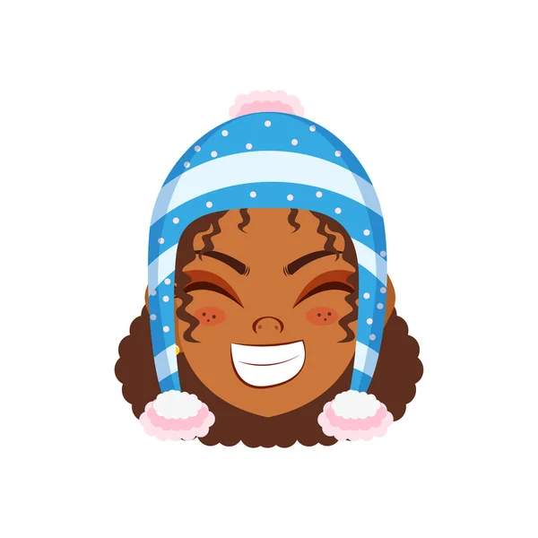 Isolierte blaue Mädchen Winter lange Haare Weihnachten Emoji Vektor Illustration — Stockvektor