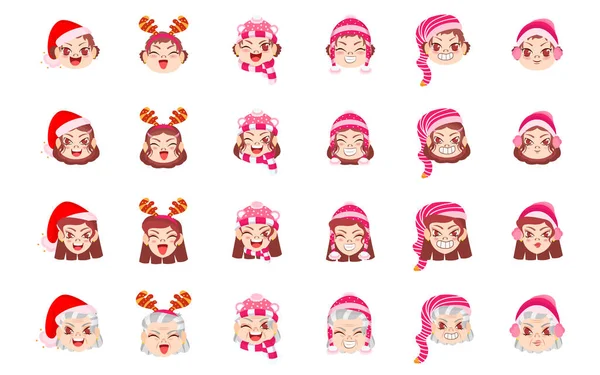 Set rosso ragazza Natale emoji vettoriale illustrazione — Vettoriale Stock