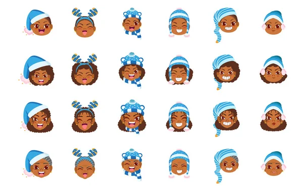 Set blu ragazza Natale emoji vettore illustrazione — Vettoriale Stock