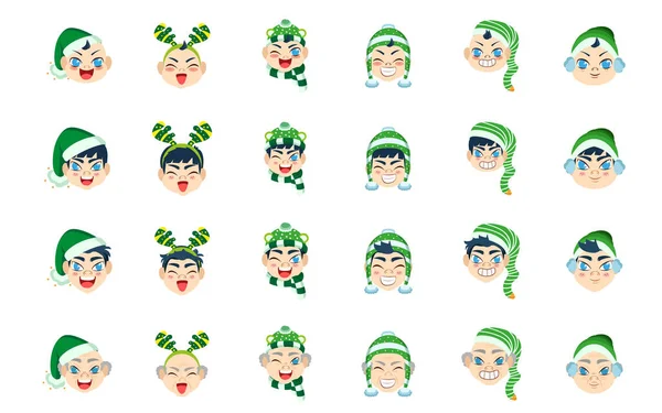 Set verde ragazzo Natale emoji vettore illustrazione — Vettoriale Stock