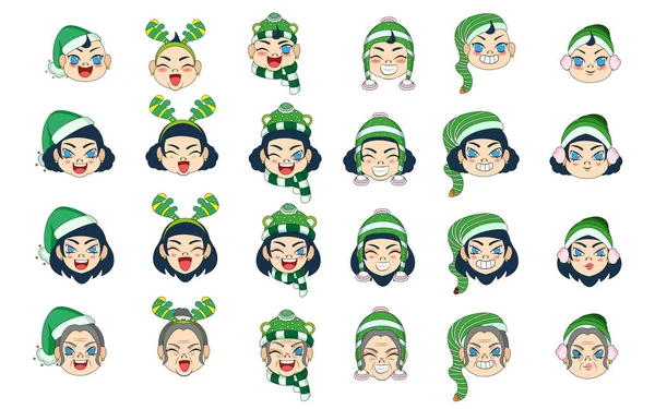 Set gruppo verde donna Natale borderline vettoriale illustrazione — Vettoriale Stock