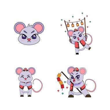 Geleneksel giysili şirin fare çizgi film seti Zodiac İşaret Vektörü