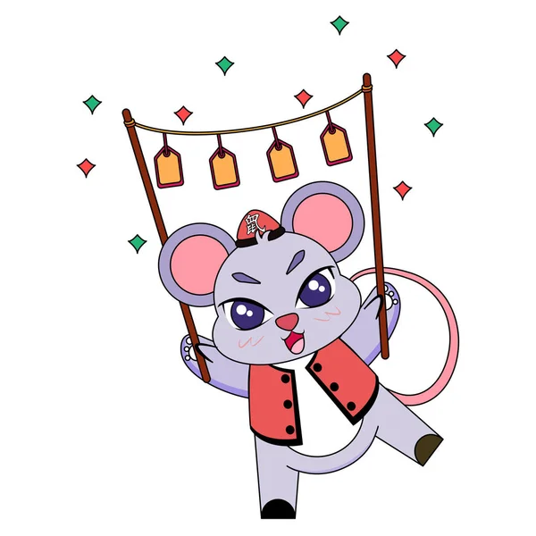 Isolato ratto carino con abiti tradizionali cinesi segno zodiacale vettoriale — Vettoriale Stock