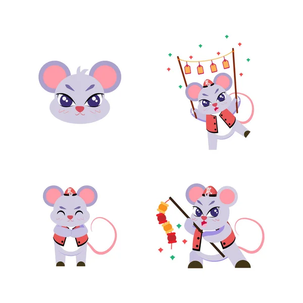 Set di carino ratto cartone animato con abiti tradizionali segno zodiacale Vettore — Vettoriale Stock