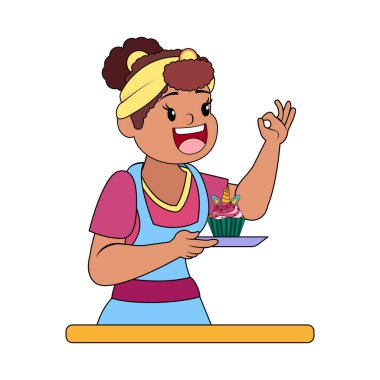 İzole edilmiş mutlu kadın tatlı taşıyıcısı yapıyor.