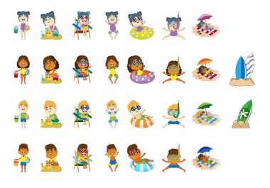 Grup çocuklarını yaz vektör illüstrasyonuna ayarla