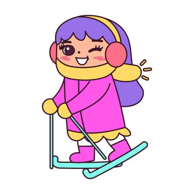 İzole kız kar kayağı kış çocukları illüstrasyon sunar