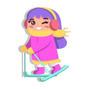 İzole kız kar kayağı kış çocukları illüstrasyon sunar