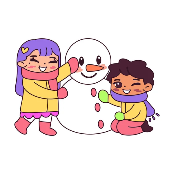 Isolated girl boy snowman winter kids vector illustation — Stock Vector