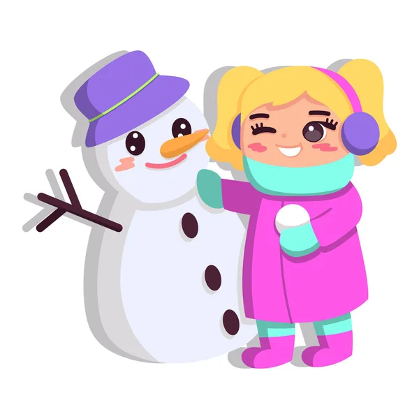 Niña aislada muñeco de nieve invierno niños vector de la ilustración — Vector de stock