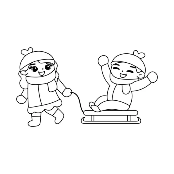 Isolato ragazza ragazzo neve disegnare inverno bambini vettore illustazione — Vettoriale Stock