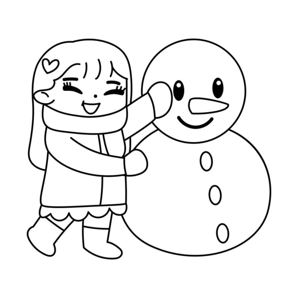 Isolated girl snowman draw winter kids vector illustation — Stock Vector