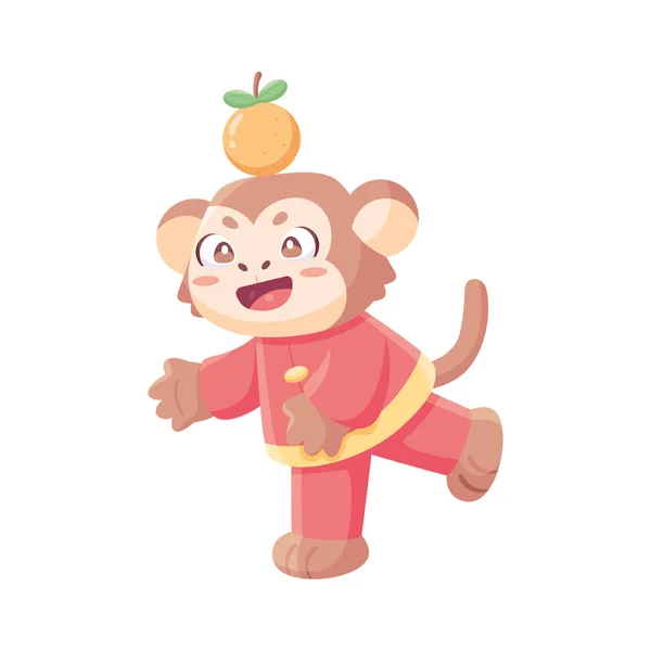 전통적 인 중국 옷을 입은 외따로 떨어져 있는 귀여운 원숭이 조디악 간판 — 스톡 벡터