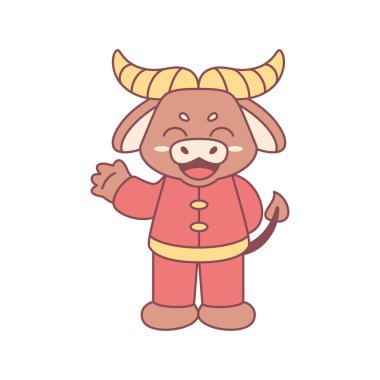 Geleneksel Çin kıyafetleriyle izole edilmiş sevimli öküz. Zodiac işareti.