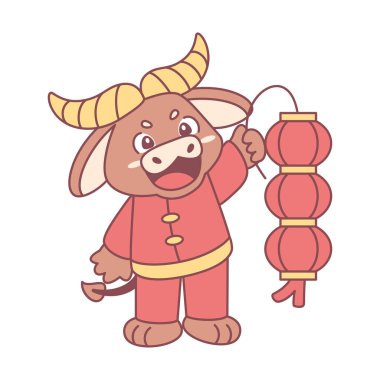 Geleneksel Çin kıyafetleriyle izole edilmiş sevimli öküz. Zodiac işareti.