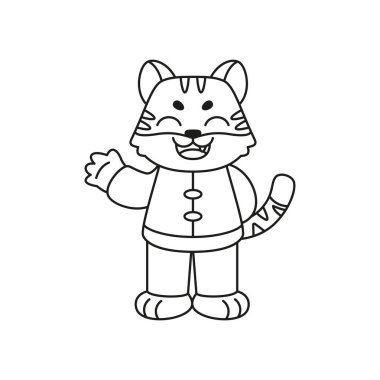 Geleneksel Çin kıyafetleriyle izole edilmiş sevimli aslan burcu Vektör.