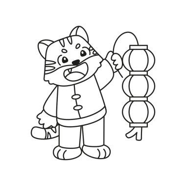 Geleneksel Çin kıyafetleriyle izole edilmiş sevimli aslan burcu Vektör.