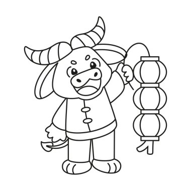 Geleneksel Çin kıyafetleriyle izole edilmiş sevimli öküz. Zodiac işareti.